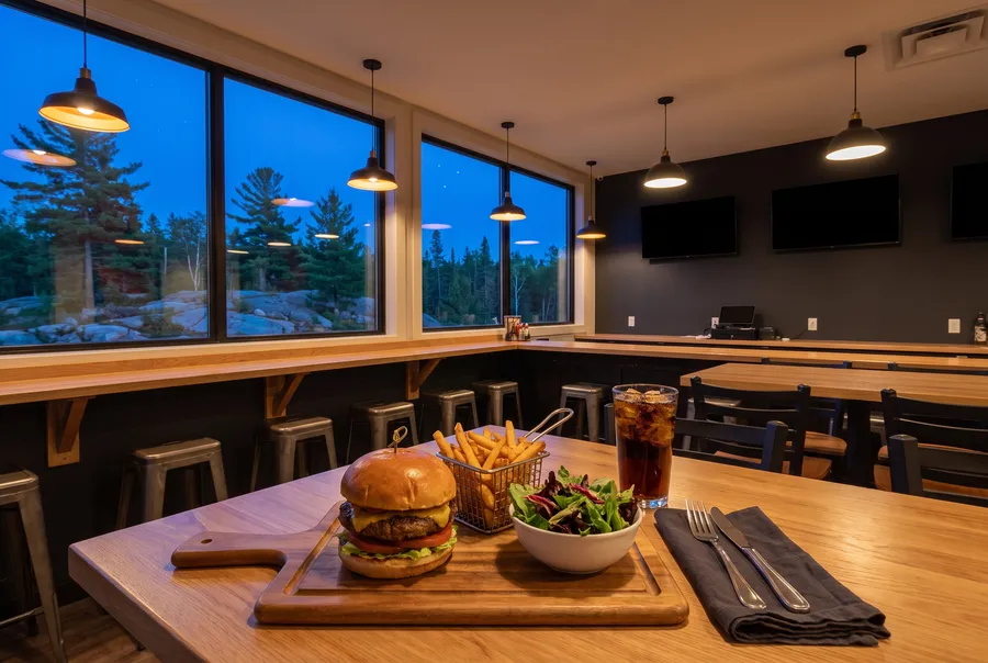 Generated photograph: a burger, fries, a side salad and a cola on a wooden pub table, with a long bar, stools and dark wall screens behind.